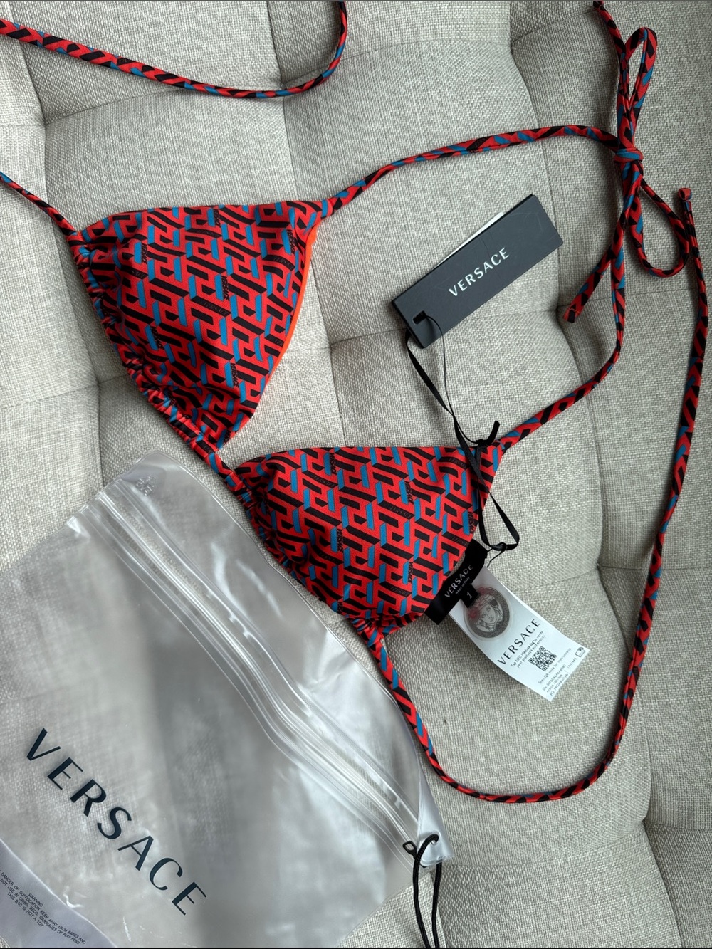 New- Versace Red & Blue Geometric Triangle String Bikini Top
